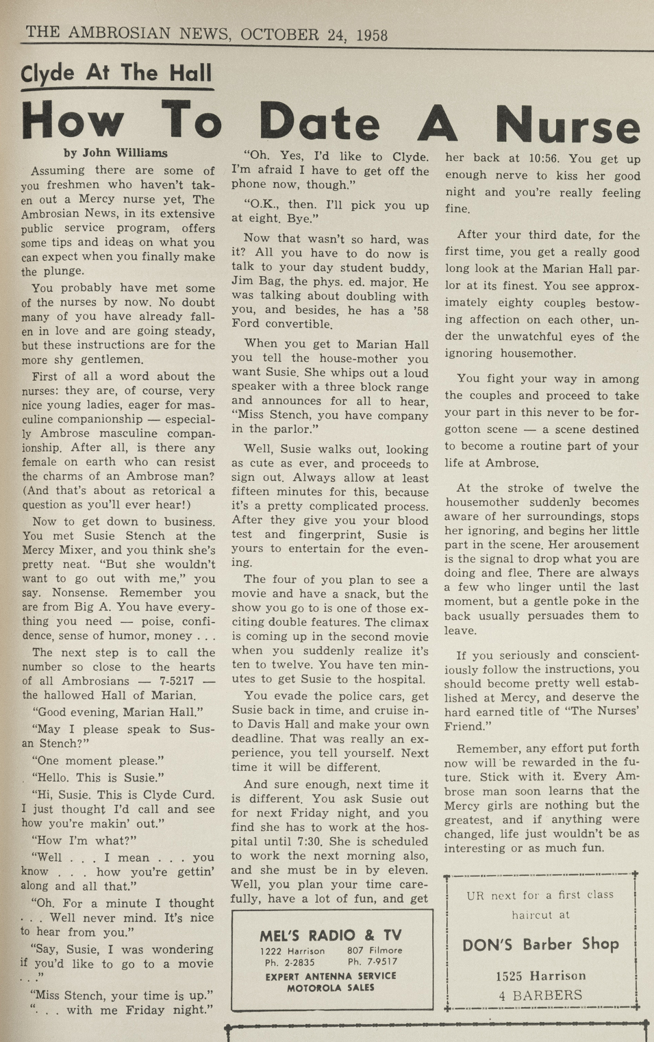 Image of an article entitled "How to Date a Nurse," which is transcribed on this page. 
