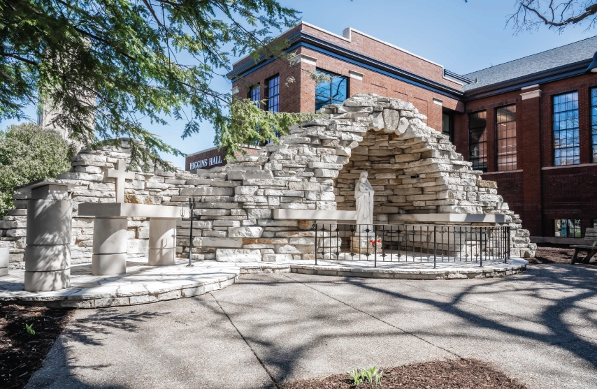 The Grotto outside of Higgins Hall.
