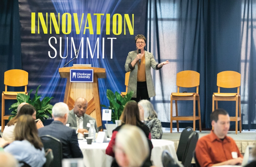 Dr. Amy Novak addressing a group of people at the 2023 Innovation Summit.