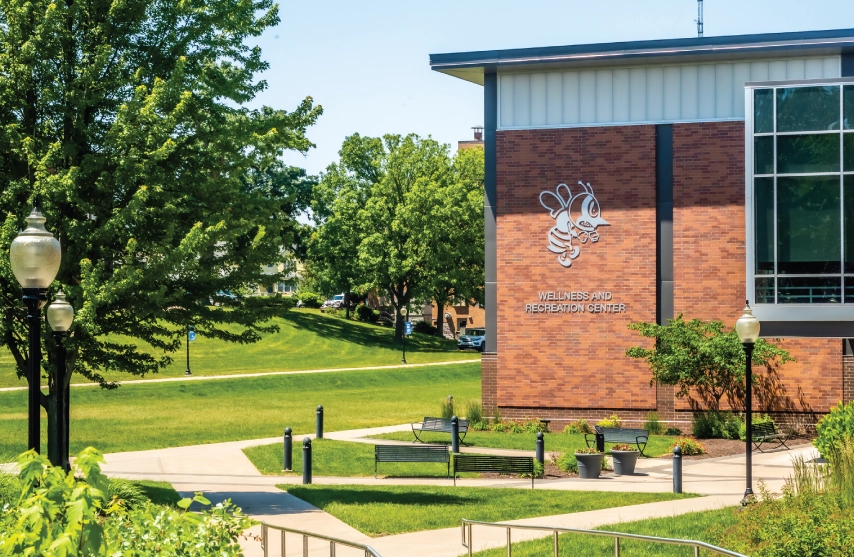 A sunny day outside the Wellness and Recreation Center