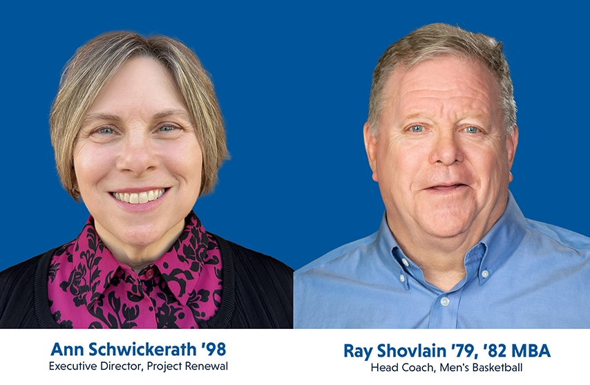Ann Schwickerath ’98 and Raymond “Ray” James Shovlain ’79, ’82 MBA smile into the camera against a blue background with text that reads their names underneath.