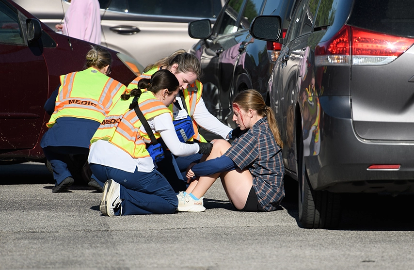 St. Ambrose University's nursing students participate in a disaster drill.