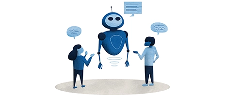 An illustration of two people holding a conversation with a robot.