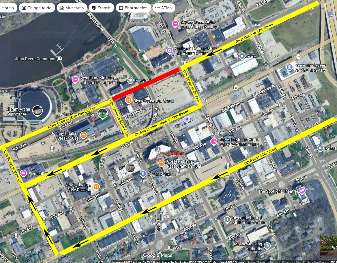 A satellite map of downtown moline with highlighted street routes.