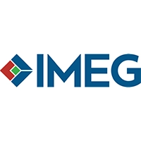 The white, blue, green, and red logo for IMEG.